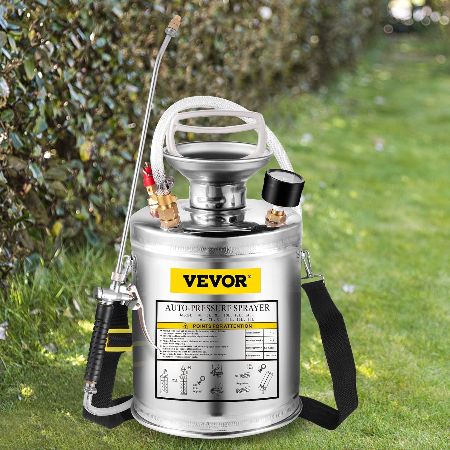 US Local VEVOR 1Gal Stainless Steel, Set With 12Wand  Handle  3FT Reinforced Hose, Hand Pump Sprayer With Pressure Gauge&Safety Valve, Adjustable Nozzle Suitable For Gardening And Sanitizing, Silver