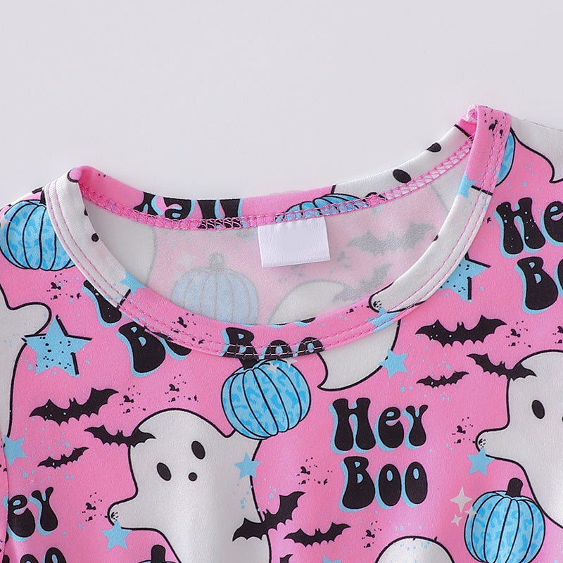 3pcs Toddler Girl's Halloween Dress Skull Ghost Bats Print Stretch Long Sleeve A-line Dresses