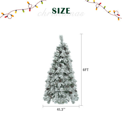 US Local 6FT Pre-Lit Spruce Snow Flocked Christmas Tree With Pine Cones, Artificial Xmas Tree With 403 Branch Tips,Mixed PE  PVC Branches, 250 Multi-Color LED Lights, 11 Flashing Modes, Holiday Decor