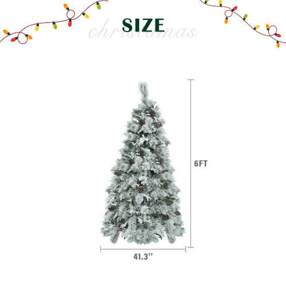 US Local 6FT Pre-Lit Spruce Snow Flocked Christmas Tree With Pine Cones, Artificial Xmas Tree With 403 Branch Tips,Mixed PE  PVC Branches, 250 Multi-Color LED Lights, 11 Flashing Modes, Holiday Decor