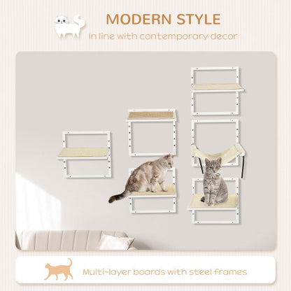 US Local PawHut 6-pc Modern Cat Wall Shelves For Indoor Cats, Height Adjustable Jumping Platforms