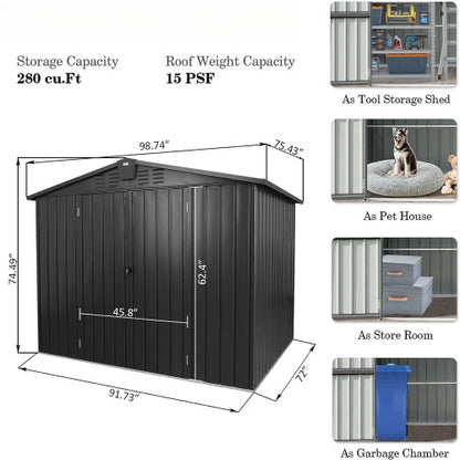 US Local Outdoor Storage Shed 8.2'x 6.2', Metal Garden Shed For Bike, Trash Can, Galvanized Steel Outdoor Storage Cabinet With Lockable Door For Backyard, Patio, Lawn 8.2x6.2ft, Dark Gray