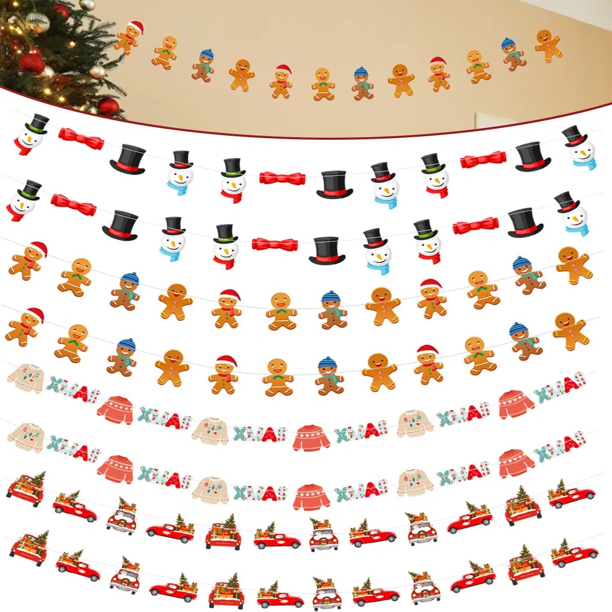 US Local 24PCS Christmas Banner Paper Christmas Sign Garland Gingerbread Man Snowman Hanging Christmas Bunting Garland For Christmas Party Decorations Xmas Holiday Home Decor