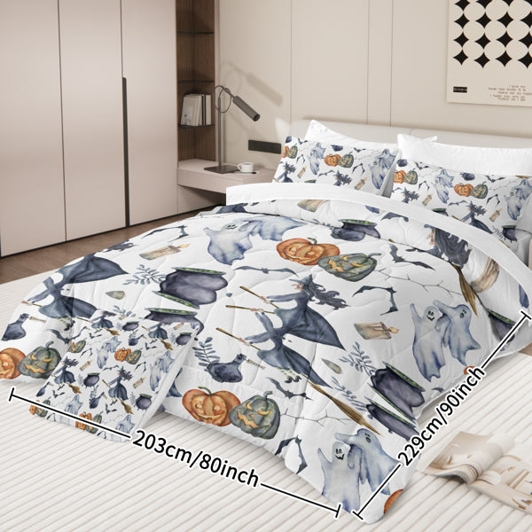 US Local 8PCS Halloween Comforter Set, Witch Pattern Bed in A Bag Bedding