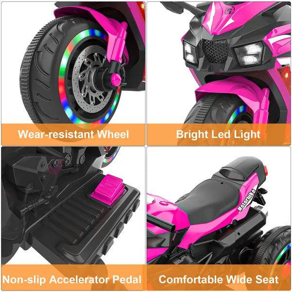 US Local Kids Powered Ride-ons Toy, Kids Motorcycle For 3-6 Years, 12V Electric Ride On Motorcycle With Light Wheel & Bluetooth Music-Pink