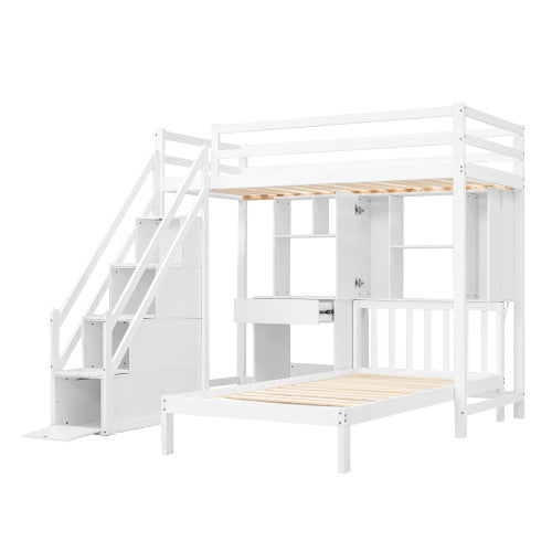 UK Local Wood House Bunk Bed 90x190 Cm,Bunk Bed, Double Bed, Multifunctional Children's Bed, Storage Space Function, With Desk And Shelves, With Slatted Frame, White