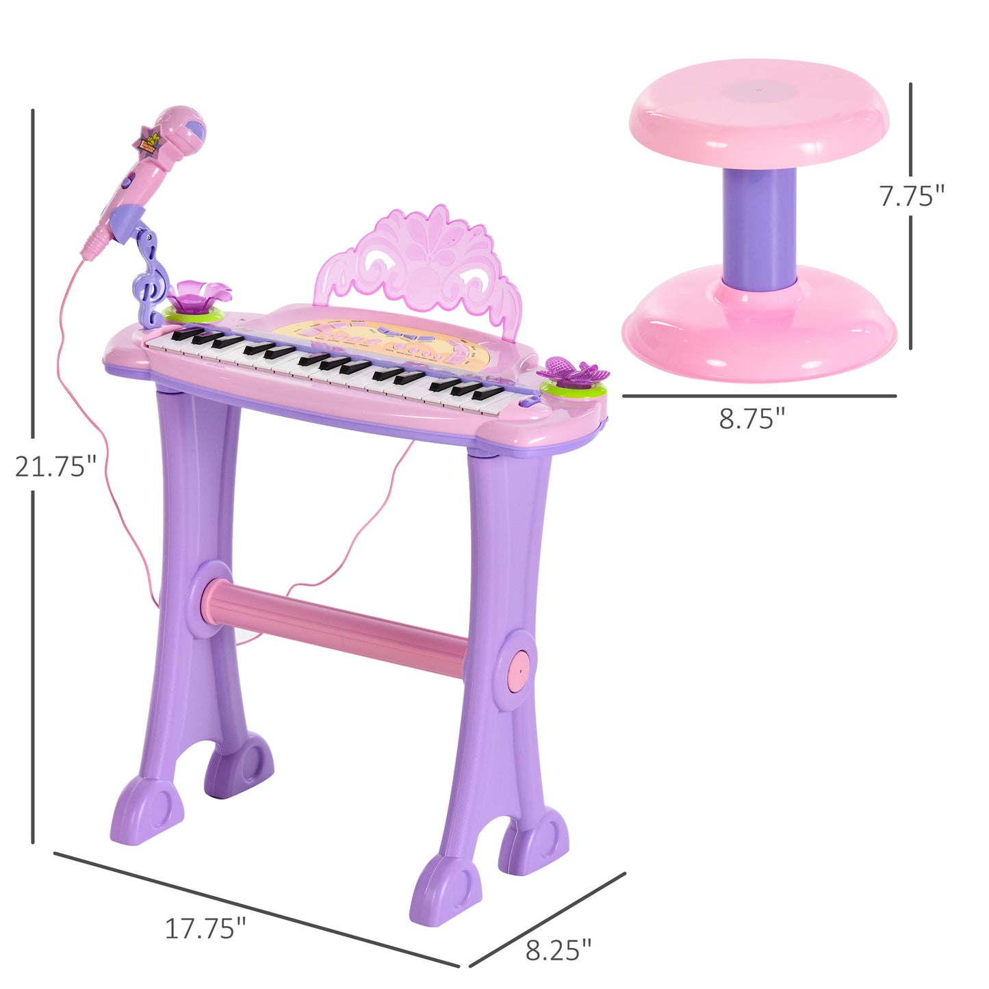 US Local 37-Key Kids Princess Electronic Piano Toddler Toy Keyboard with Stool