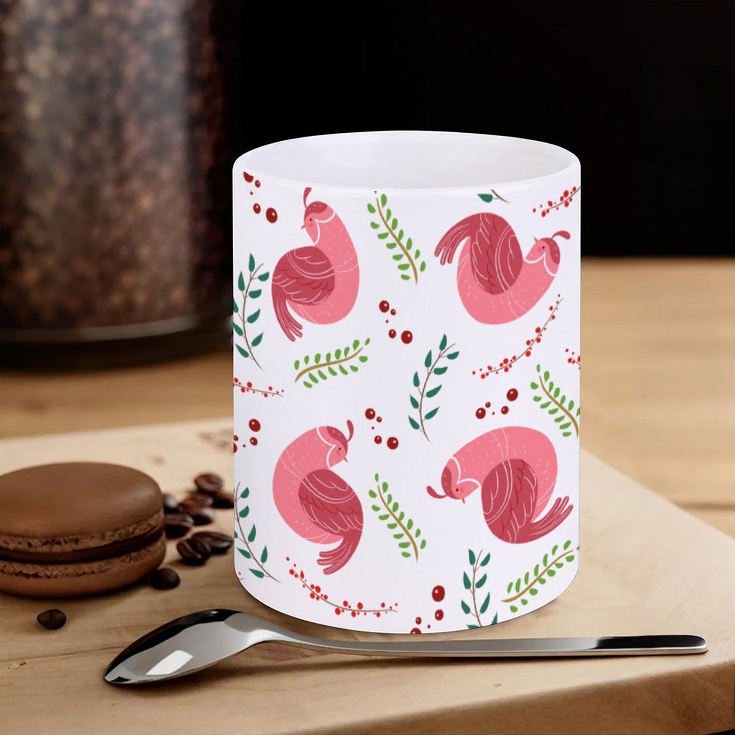 POD US Local White mug with full print, Christmas Bird Branches Pink 0068