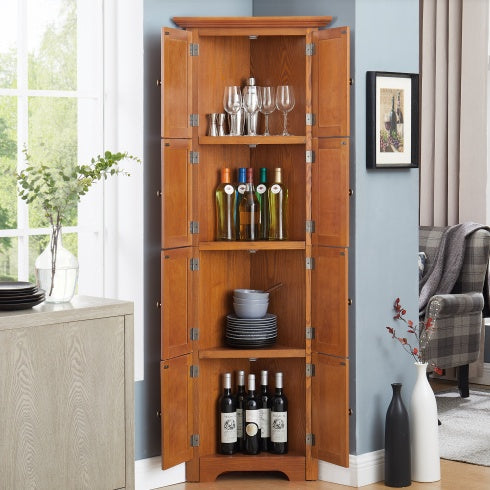 US Local 4-Tier 72 Corner Kitchen Pantry Storage Cabinet With 8 Doors Tall Storage Cabinet, Corner Cabinet And Adjustable Shelves, Home Farmhouse Bookshelf Cabinet For Bathroom, Living Room, Kitchen OAK