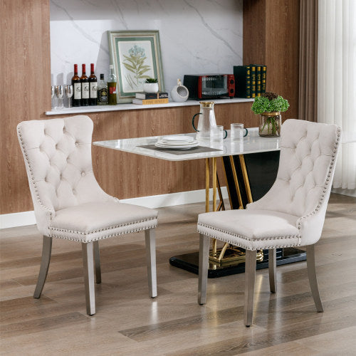 US Local High-end Tufted Solid Wood Contemporary Velvet Upholstered Dining Chair With Chrome Stainless Steel Plating Legs,Nailhead Trim,Set Of 2