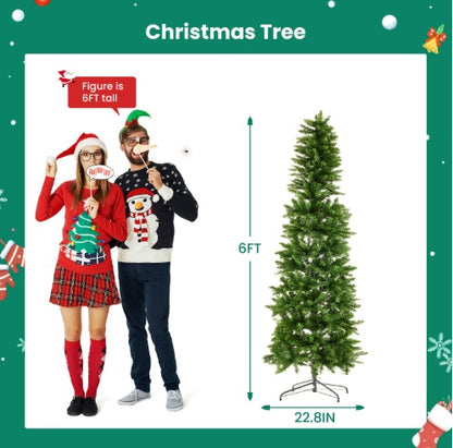 US Local Pencil Christmas Tree, Prelighted Artificial Slim Christmas Trees With 250 Incandescent Lights, 571 Branch Tips & Foldable Base