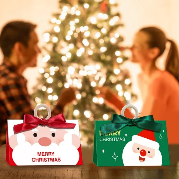 US Local 10 Pcs Christmas Candy Boxes With Ribbon And Wooden Ring Merry Christmas Santa Claus Pattern Cookie Goodie Box Cartoon Paper Treat Box For Christmas Gift Wrapping Holiday Party Supplies