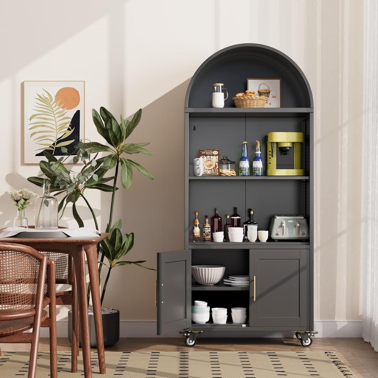 US Local Metal Arched Bookcase With Wheels, Modern Freestanding Black Arch Storage Cabinets For Home Office Bookshelf Living Room