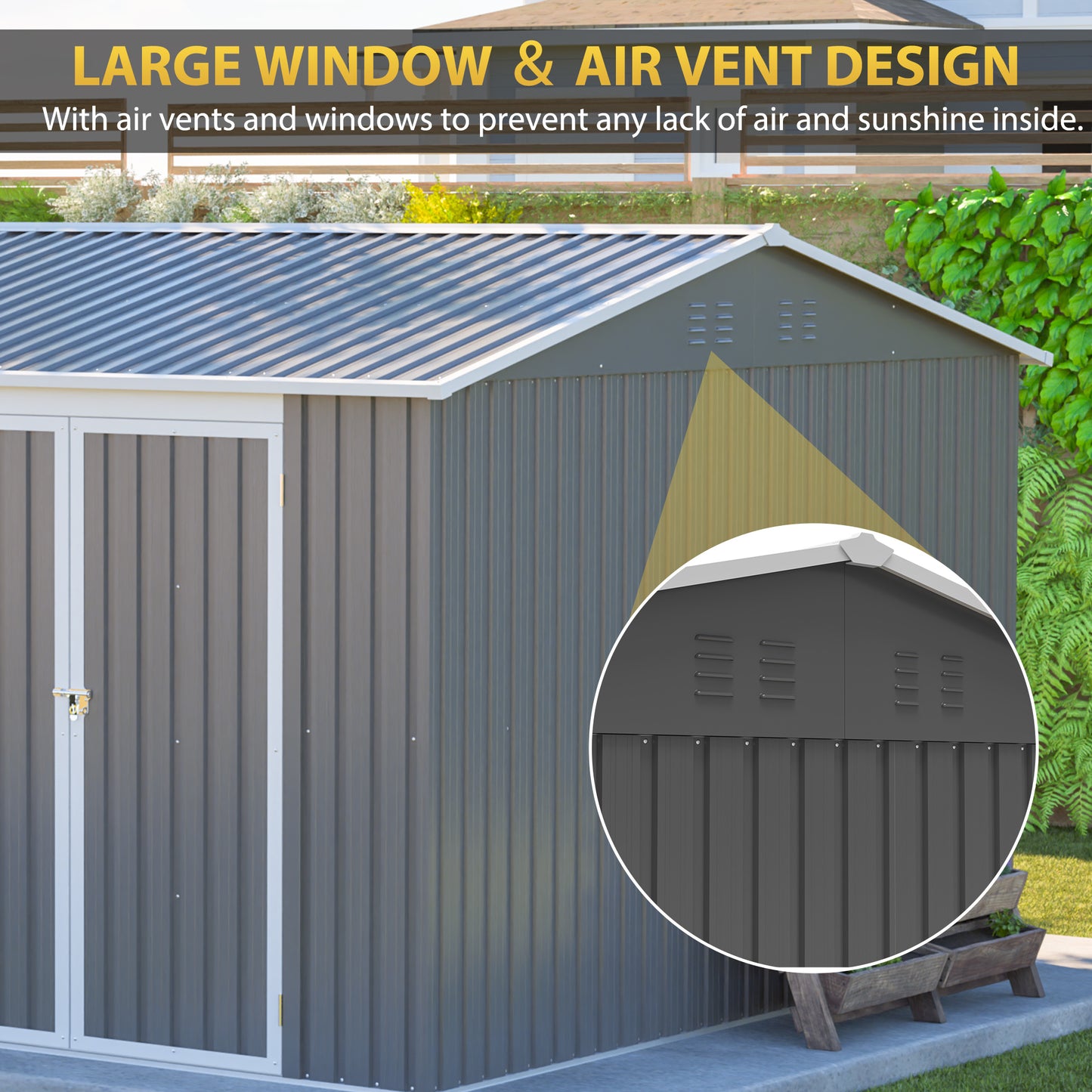 US Local 12x10 FT Outdoor Storage Shed Metal, Large Garden Tool Sheds Outdoor With Lockable Doors, Waterproof Steel Utility Storage Building, Heavy Duty Equipment Shed For Patio Lawn Garden, Grey