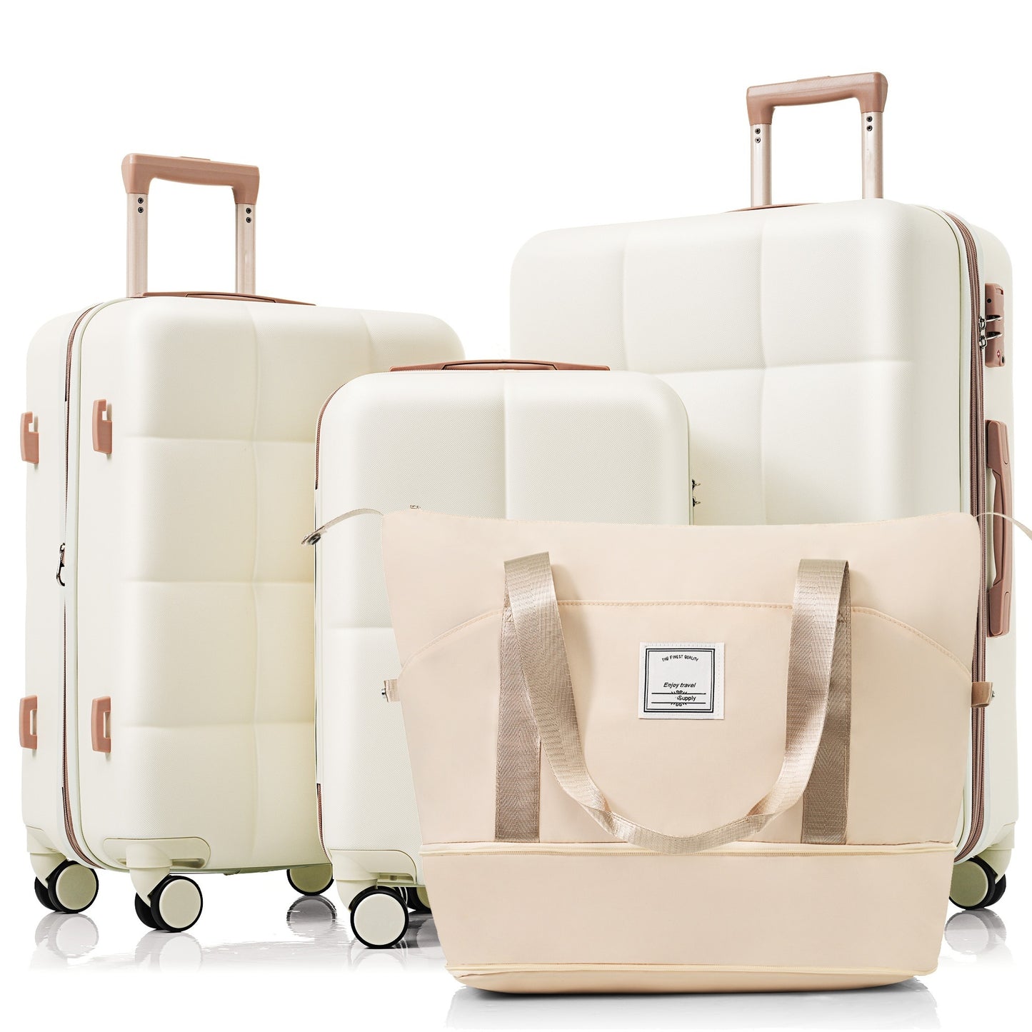 US Local 4-piece Suitcase Set With USB Port, Expandable ABS Durable Suitcase With Travel Bag, Cup Holder, With Spinner Wheels, Beige