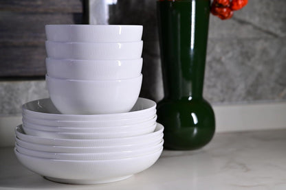 US Local Setaria Bone China Dinnerware Set, 12 Pieces, Service For 4, Plates, Dishes, Bowls Set, Microwave And Dishwasher Safe, Ivory White With Narrow Curve Stripe