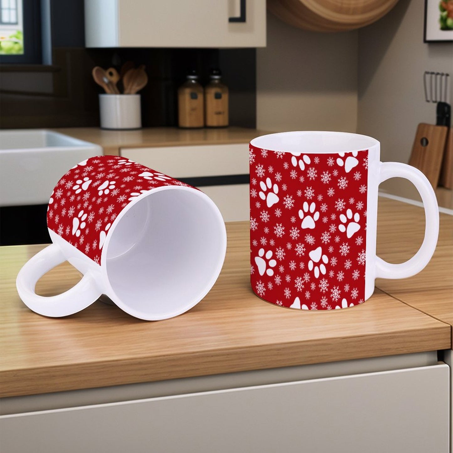 POD US Local White mug with full print, Christmas Snowflakes Cats Dogs Paws Red 0067