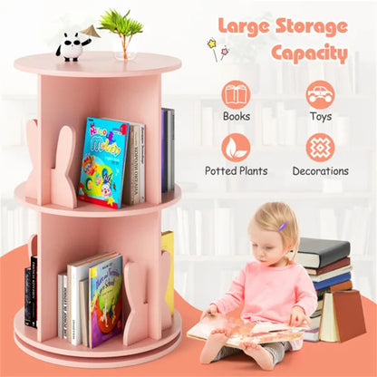 US Local 2-Tier Kids Rotating Bookshelf - Display For Books Toys, Bunny Baffles Child-Friendly Height, 22 Lbs Net Weight