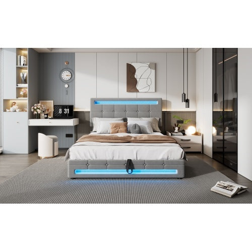 UK Local Upholstered Bed, Hydraulic Bed, Adults Teenagers 4ft6 Double Bed 135x190cm, Square Embellishment, With 7colors LED-light Strips, Velvet Iron, Grey