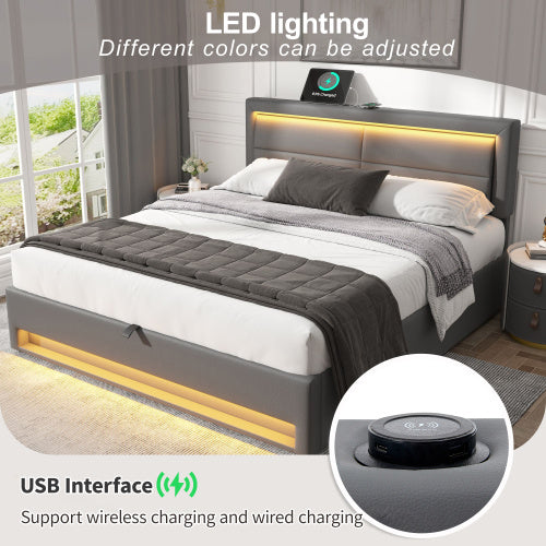 UK Local Upholstered Bed 135 X 190 Cm,Double Bed-4ft6,with USB Port Supports Wireless And Wired Charging, With LED Lighting And Storage Space, Without Mattress, PU-Lychee Design, Gray