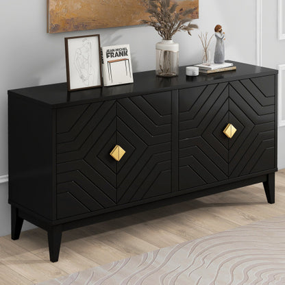 US Local 4-door Sideboard Storage Cabinet For Living And Dining Room, Two Large Cabinets With Gold Handle And Adjustable Shelves, Black