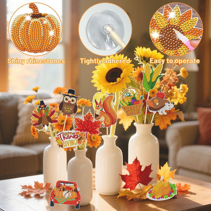 12 Packs Rhinestones Painting Art Kit Fall Pumpkin Turkey Maple Corn Design Decorative Stakes For Vase DIY 5D Rhinestones Art Craft Ornaments With Glue And Suction Cup For Thanksgiving Harvest Decor