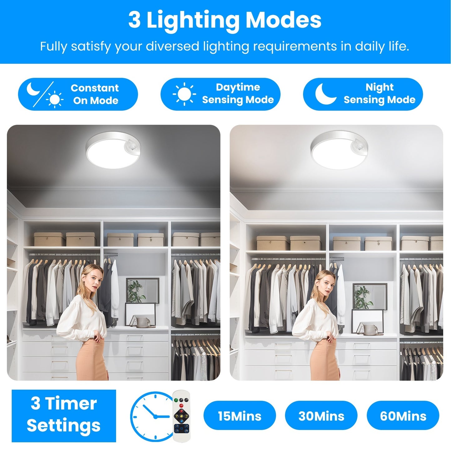 US Local 1Pc Rechargeable Motion Sensor Ceiling Light Dimmable LED Ceiling Light With Remote Timer 3 Light Colors 3 Modes For Stairs Garage Bathroom