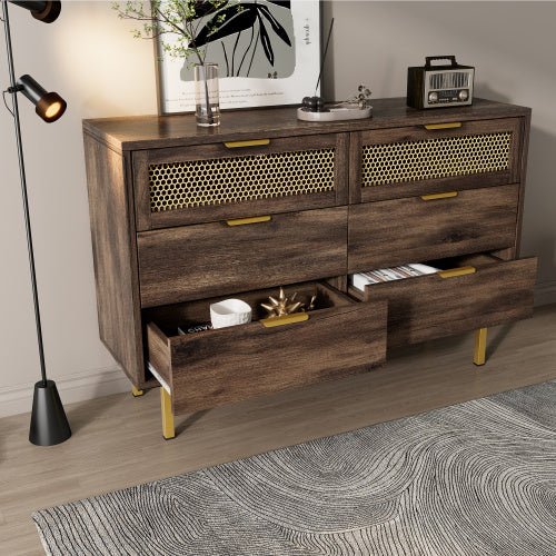 UK Local Sideboard Cabinet Dresser With 6 Drawers, Metal Handles Dresser, Multipurpose Cabinet For Hallway, Bedroom, Living Room, And Children's Room.120 X 40 X 76 Cm, Dark Brown