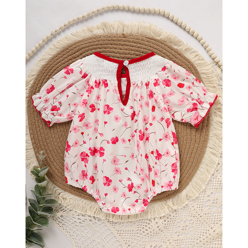 US Local Infant Girls' Floral Smocked Romper 'DADDY'S Girl' Embroidery Short Sleeve Crew Neck Adorable Princess Party Bodysuit