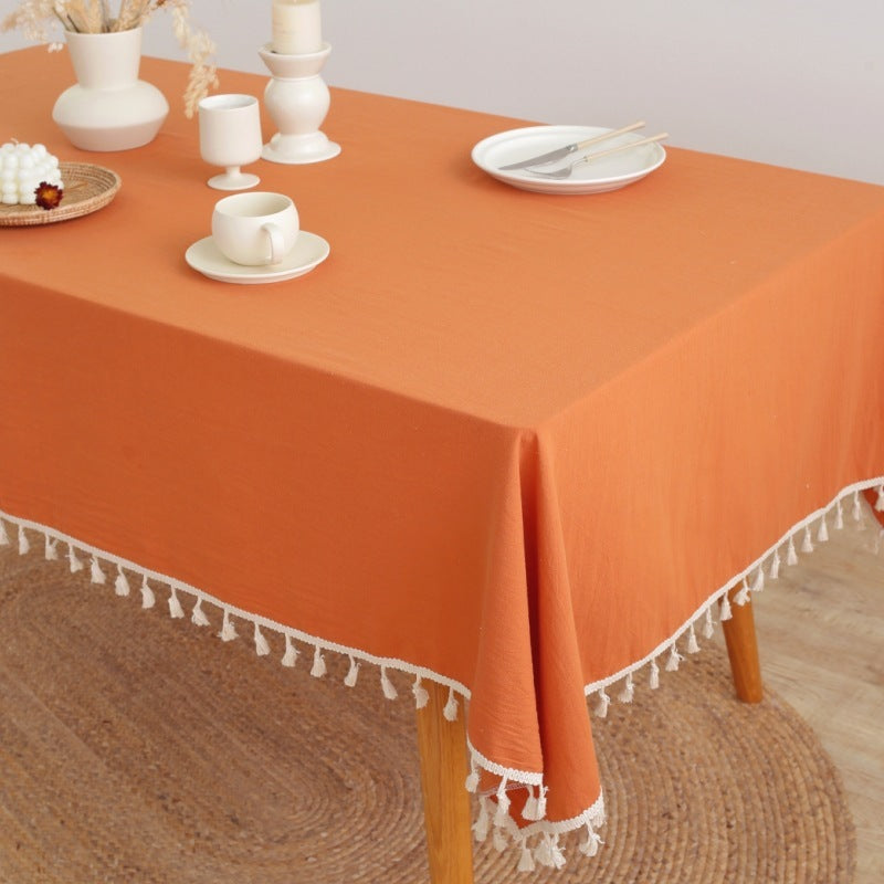 Simple Tassel Tablecloth Pure Color Washed Cotton Tablecloth