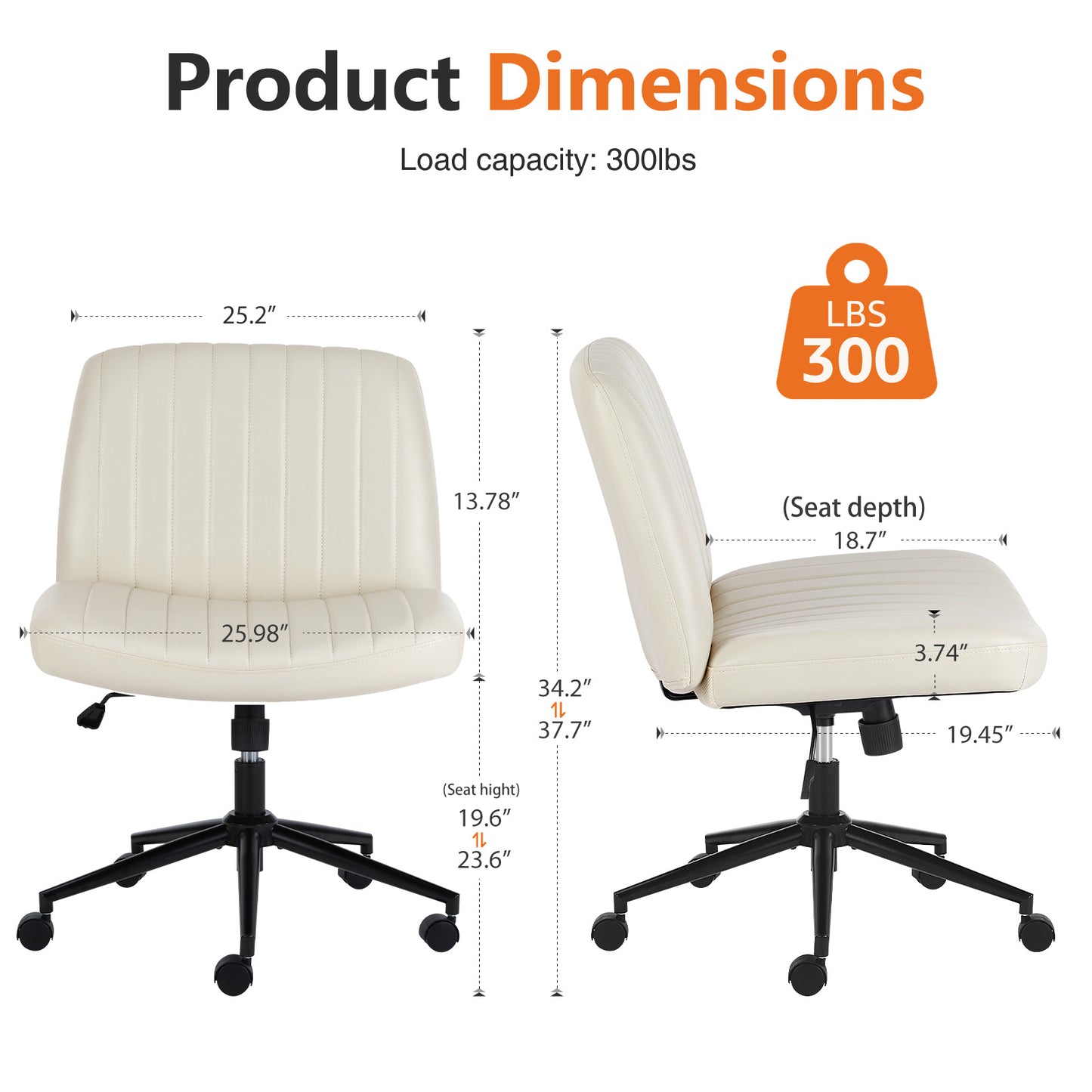 US Local Office Desk Vanity Chair Cross Legged Armless Swivel Fabric Height Adjustable Wide Seat With Replaceable Wheels-Fixed Base, Comfy Task Chair Padded