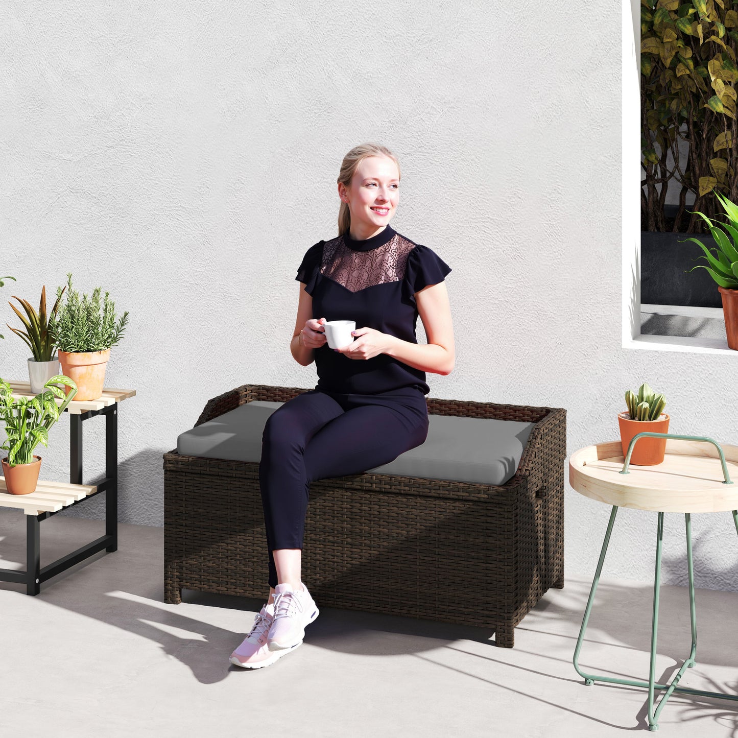 US Local Outdoor Wicker Storage Bench With Storage & Cushion, Gray