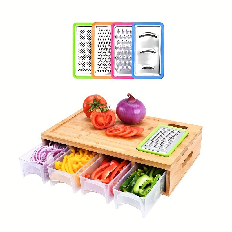 US Local Bamboo Cutting Board With Drawer, Including 4 Vegetable Cutters, 4 Trays With Lids, Container And Vegetable Peeler Set, Cutting Board, Kitchen Bamboo Cutting Board