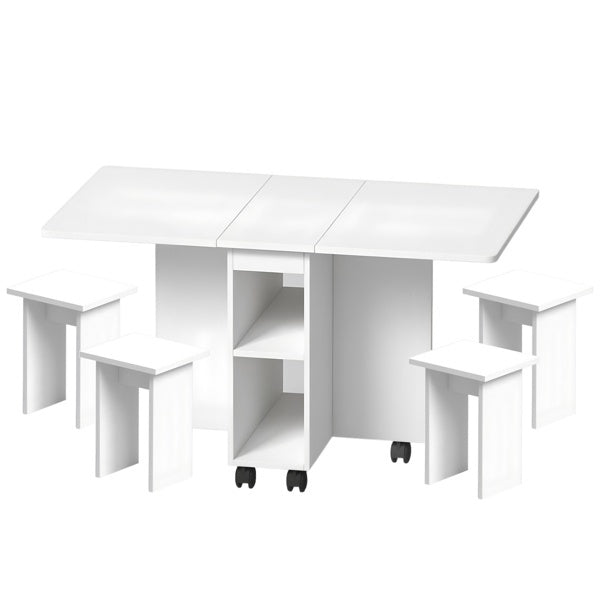 US Local Folding Drop Leaf Dining Table Set For 4 With 4 Chairs, Space Saving Foldable Dining Table With Storage And 6 Wheels, 47.2 Inch D X 23.6 Inch W X 30.3 Inch H, White