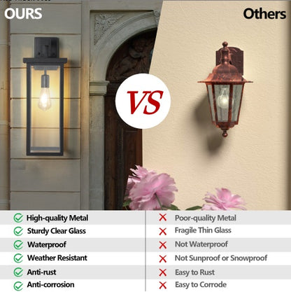 US Local 20H Set Of 2 Modern Outdoor Wall Lanterns With Black Metal Frame And Clear Glass, Weatherproof Wall Sconces For Porch, Garage, Or Entryway Lighting, E26 Bulb Compatible No Bulbs