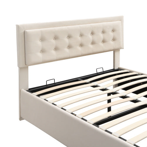 UK Local Upholstered Bed,Double Bed-4ft6135X190cm, Velvet Fabric, Double Bed, Large Storage Space,With Slats And Headboard,Without Mattress,Cream