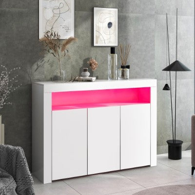 UK Local High Gloss White Sideboard Display Cabinet With LED Lights, Modern 3-Door Wood Buffet Cupboard Storage Unit With Remote Control For Kitchen Living Room Dining Room Hallway