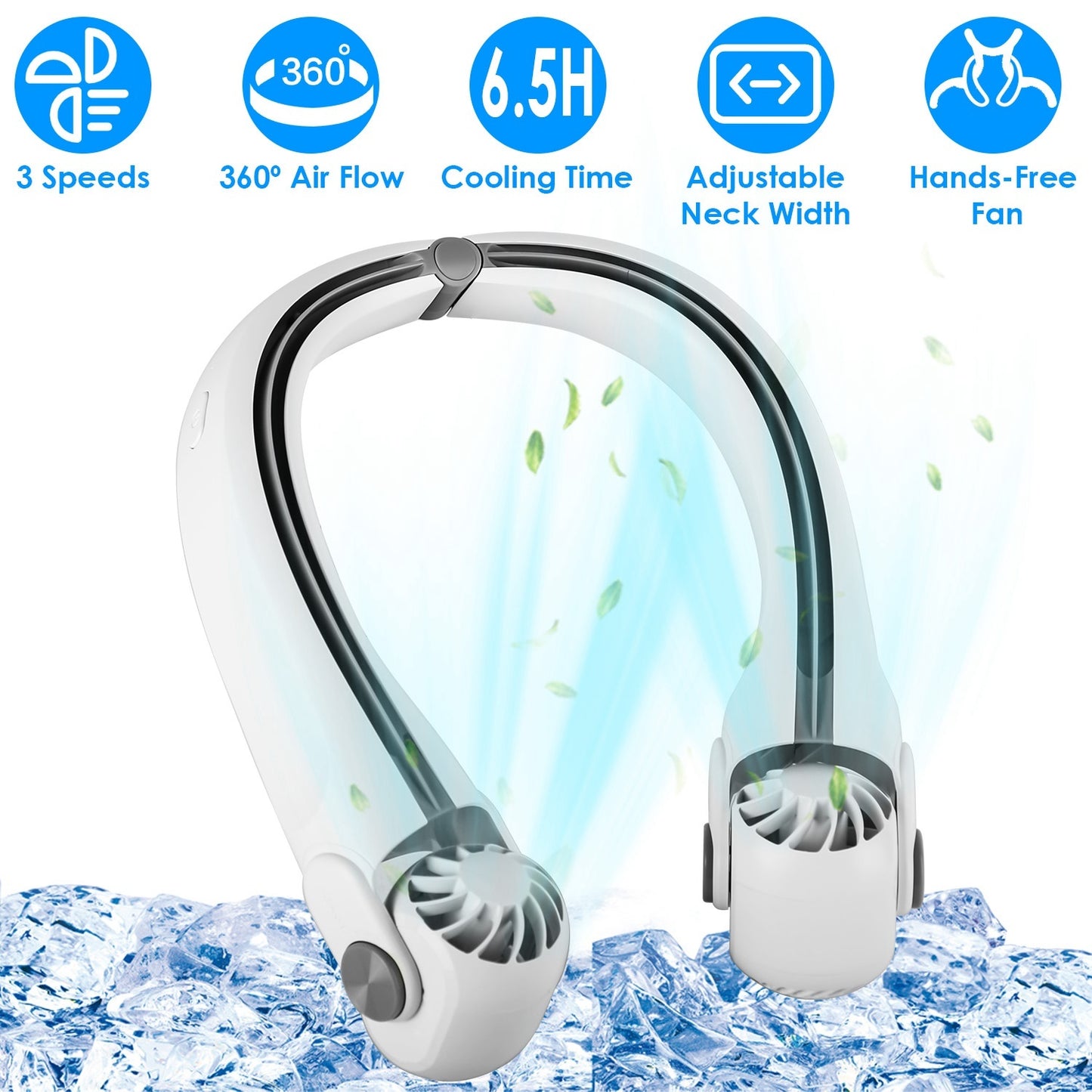 US Local White-Green Options -- 1Pc Portable Neck Hanging Fan Hands-free Cooling Personal Fan With 3 Speeds 360 Degree Air Flow Adjustable Neck Width For Home Office Travel Dormitory