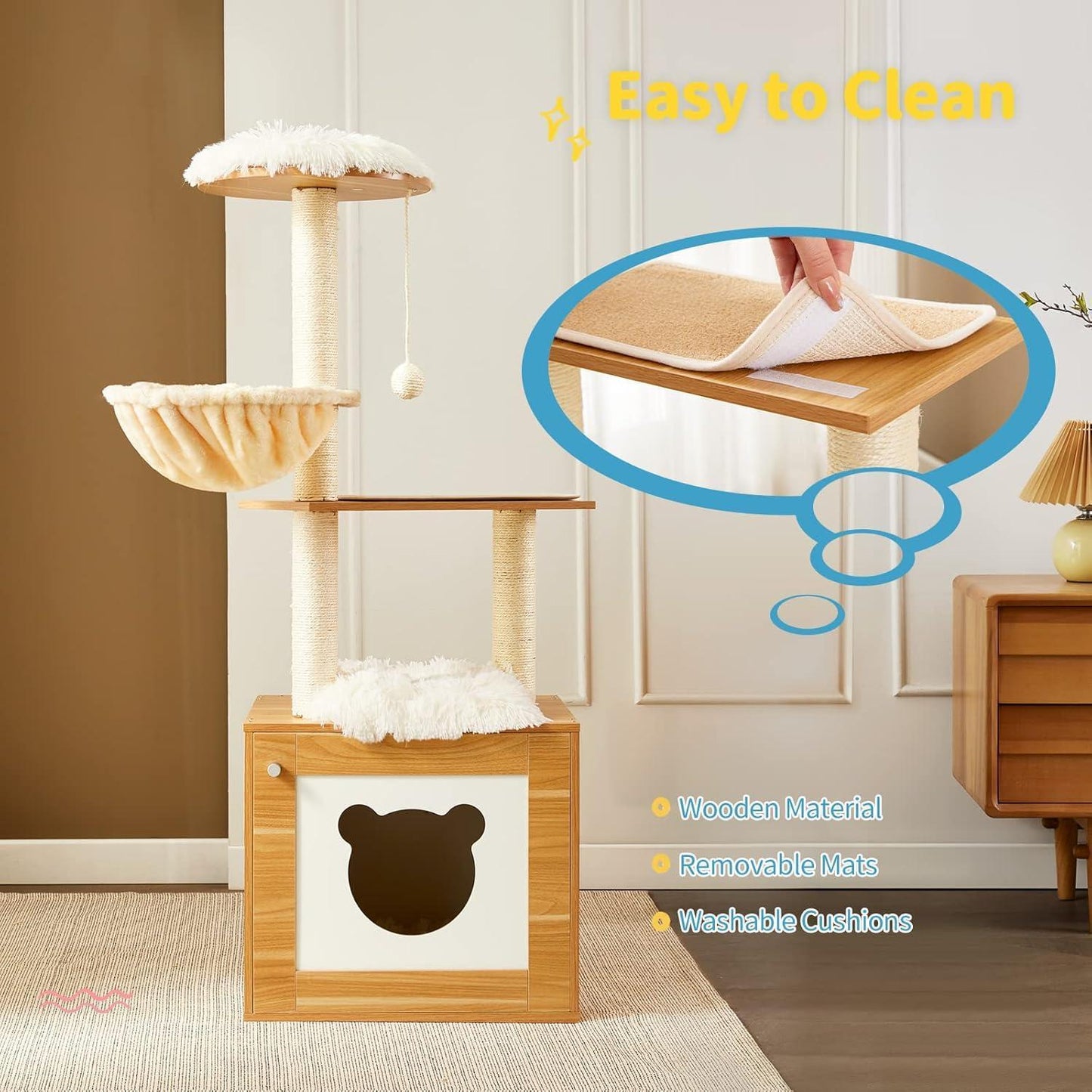 US Local Solid Wood Cat Tree And Tower With Litter Box, Cat Scratching Board And Hammock For Indoor Large Cats