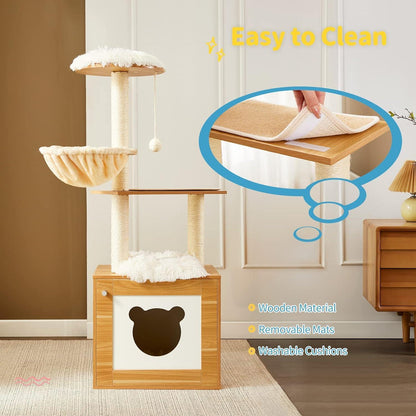 US Local Solid Wood Cat Tree And Tower With Litter Box, Cat Scratching Board And Hammock For Indoor Large Cats