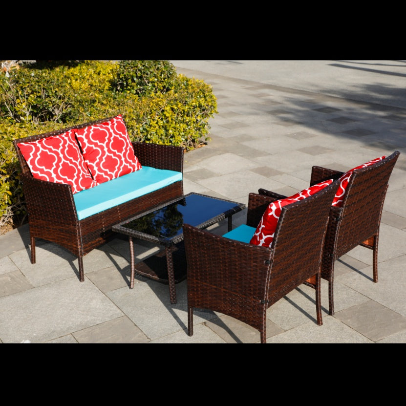US Local New Design High Quality Four-Piece Sofa Set Table With Sofa Chair PE Rattan Outdoor Furniture W3152P269438 Box 1 With Emerald Green Color Cushion