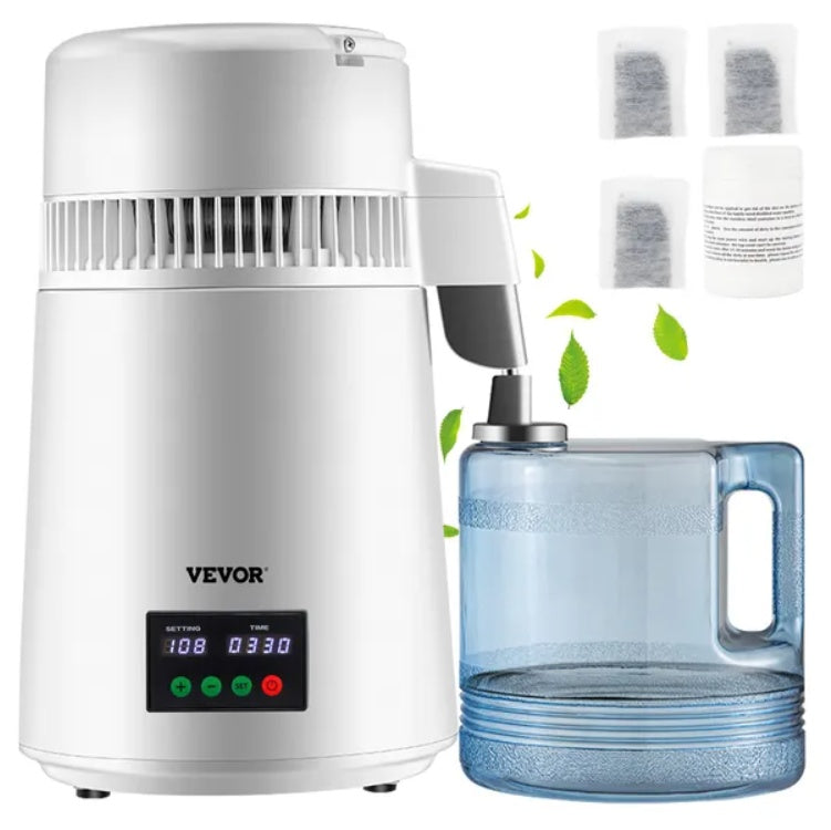 US Local VEVOR 1.1Gal Water Distiller, 0.3Gal H, 750W Distilled Water Maker Machine 0-99H Timing Set Temp Display, 304 Stainless Steel Countertop Distiller Plastic Carafe Cleaning Powder 3 Carbon Packs, White