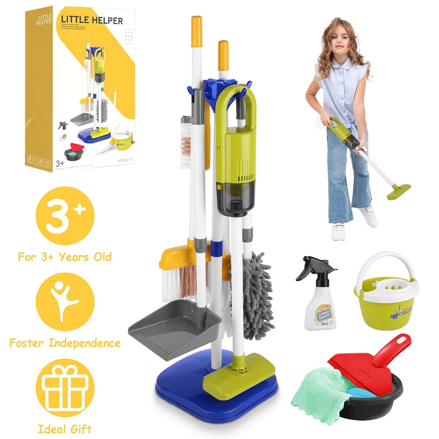 US Local Set Of 14Pcs Kids Cleaning Toy Set Toddler Housekeeping Pretend Play Kit With Vacuum Cleaner Broom Mop Organization Stand For Boys Girls Aged 3 4 5