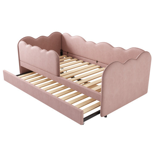 UK Local Upholstered Bed Daybed 90 X 190 Cm, 3FT Single Bed With Pull Out Trundle, Sofa Bed For Adults And Children, Single Daybed With Slatted Frame, Velvet, Pink No Mattress