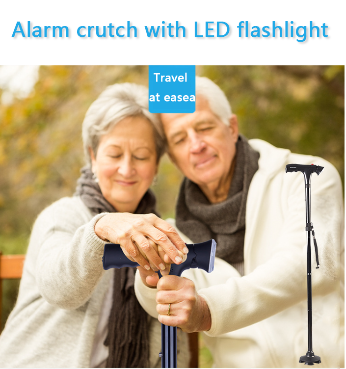 UK Local Adjustable Walking Stick Cane With LED Flashlight SOS Alarm Button For Senior Travel Hiking Trekking Pole Folding Crutch Handle Strap 5 Gears