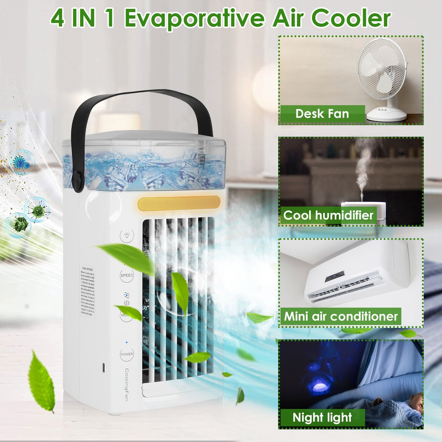 US Local 4 In 1 Portable Air Conditioner Fan Evaporative Air Cooler Water Mist Cooling Fan For Desktop 3 Speeds Nightlight