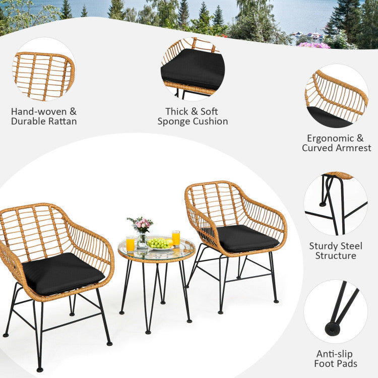 US Local 3 Pieces Rattan Furniture Set With Cushioned Chair Table