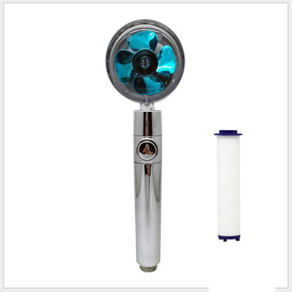 US Local Propeller Driven Shower Head With Stop Button And Cotton Filter Turbocharged High Pressure Handheld Shower Nozzle
