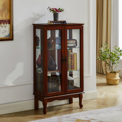US Local Curio Cabinet Lighted Curio Diapaly Cabinet With Adjustable Shelves And Mirrored Back Panel, Tempered Glass Doors