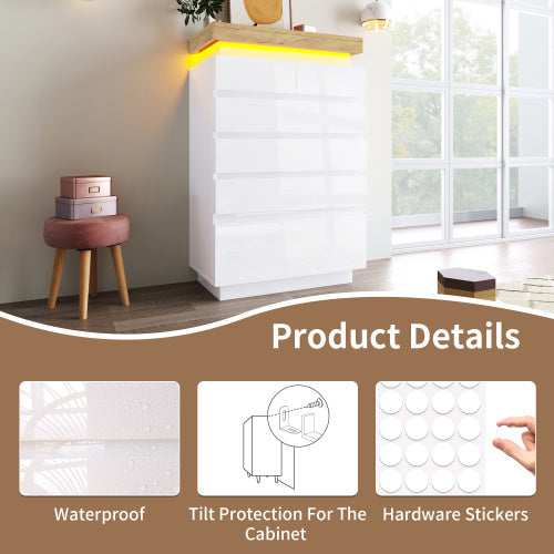 UK Local Chest Of Drawers,High-gloss Sideboard Cabinet With 6 Drawers,Storage With RGB LED App-controlled,Multi-purpose Cabinet For Living Room And Bedroom, 115 X 73 X 39 Cm, White